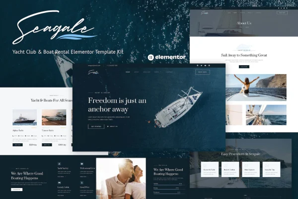 Seagale yacht club and boat rental Elementor template kit cover showing page layouts