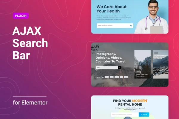 Searcher for Elementor plugin banner showing a live Ajax search box with results