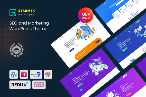 Searmek SEO and marketing WordPress theme preview showing an agency homepage layout