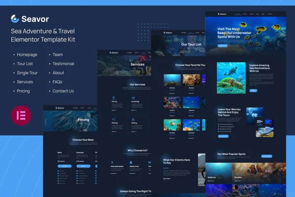 Seavor sea adventure and travel Elementor template kit cover showing ocean tour website pages