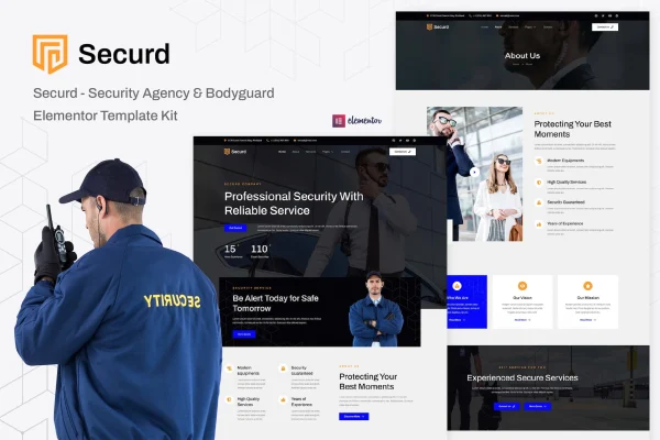 Securd security agency and bodyguard Elementor template kit preview