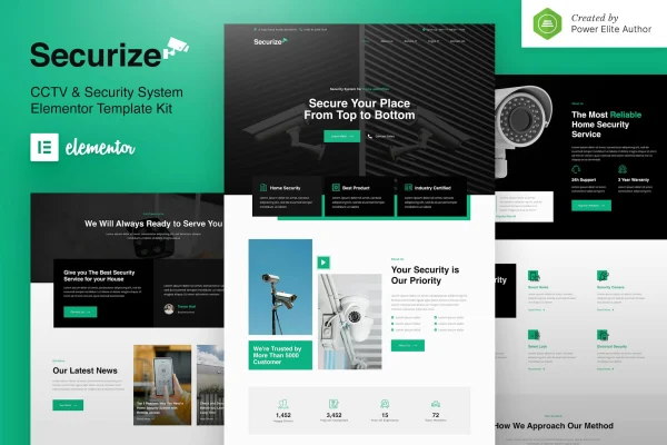 Securize CCTV and security Elementor template kit cover showing page layouts