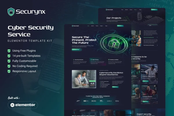 Securynx cyber security services Elementor template kit preview