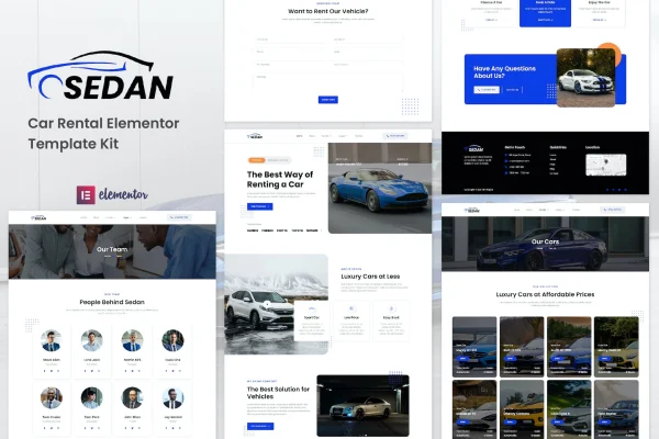 Sedan car rental Elementor template kit preview showing page layouts