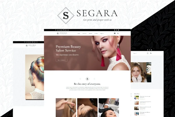 Segara beauty salon Elementor template kit cover showing elegant salon page layouts