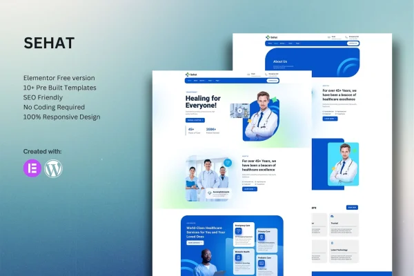 Sehat medical Elementor template kit preview showing healthcare website page layouts