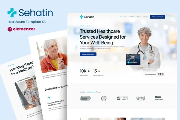 Sehatin health care Elementor template kit preview with medical clinic website pages