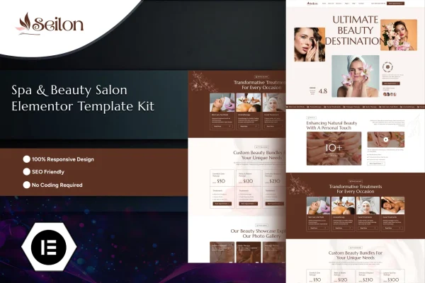 Seilon spa and beauty salon Elementor template kit page previews