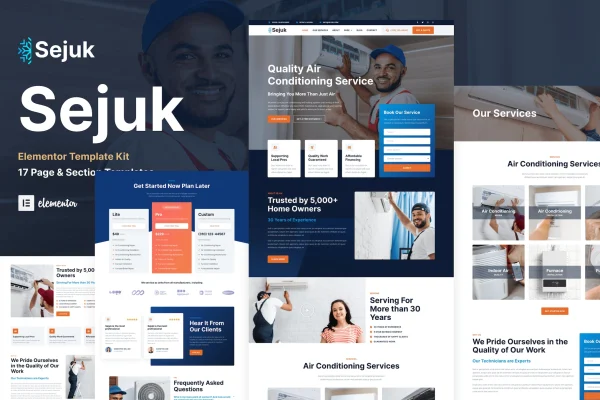 Sejuk HVAC and air conditioner repair Elementor Pro template kit preview