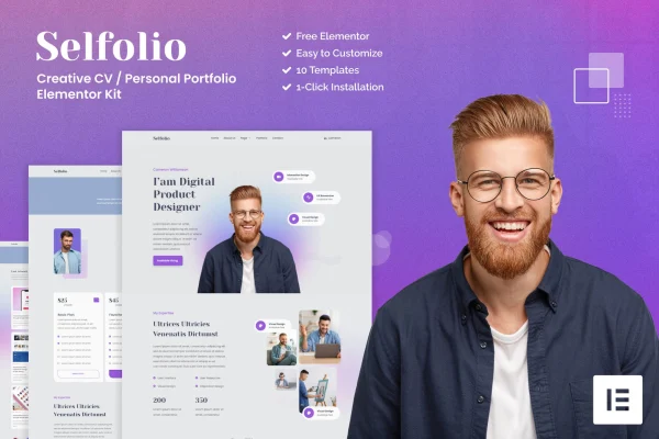 Selfolio creative CV Elementor template kit cover showing portfolio page layouts