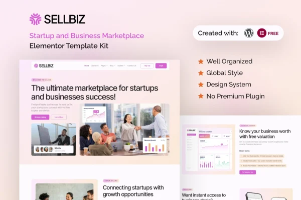 Sellbiz startup and business marketplace Elementor template kit preview