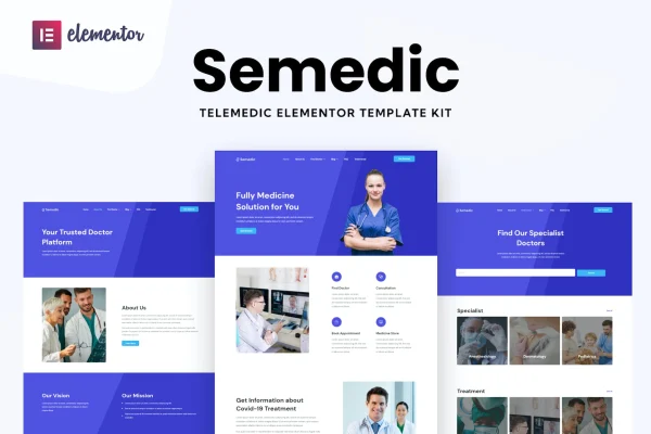 Semedic doctor telehealth Elementor template kit preview showing medical website pages