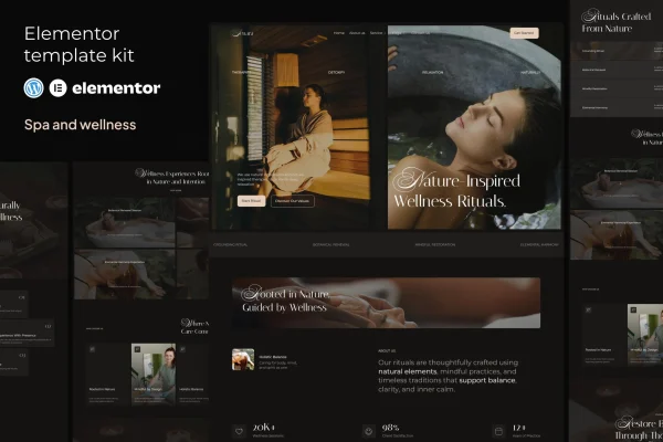 Senara spa and wellness Elementor template kit preview with calming page layouts