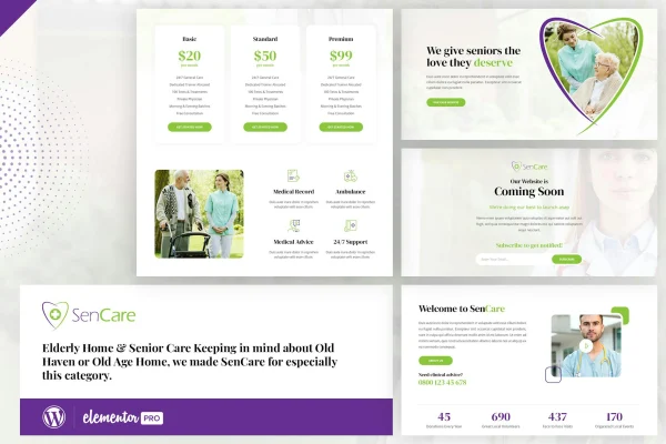 SenCare elderly care Elementor template kit preview showing senior care website pages