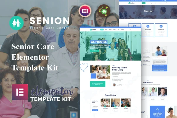 Senion senior care Elementor template kit cover showing website page layouts