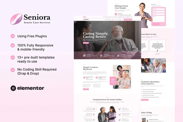 Seniora senior care services Elementor template kit preview