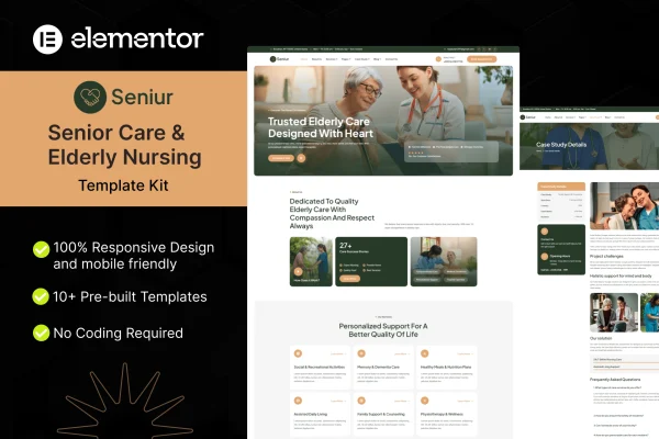 Seniur senior care and elderly nursing Elementor template kit preview