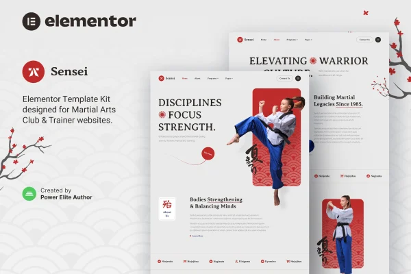 Sensei martial arts club and trainer Elementor template kit preview