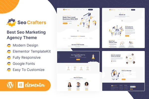 SEOCrafters marketing agency Elementor template kit cover with page previews