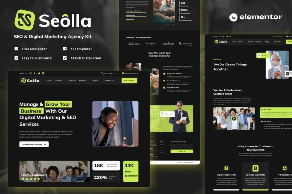 Seolla Elementor template kit cover for SEO and digital marketing agency websites
