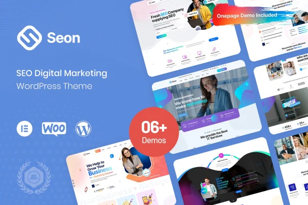 Seon SEO WordPress theme preview showing an agency website layout