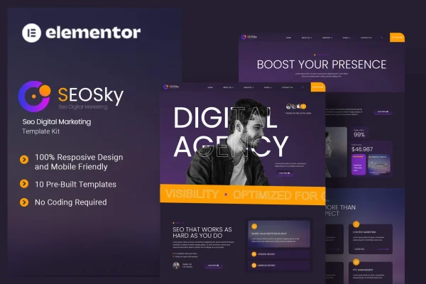 Seosky SEO digital marketing Elementor template kit cover