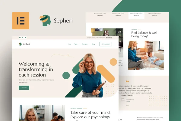 Sepheri psychologist Elementor Pro template kit preview with clean therapy website pages