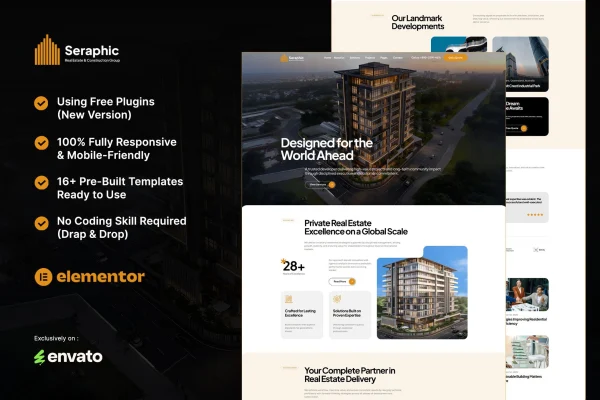Seraphic real estate and construction Elementor template kit preview