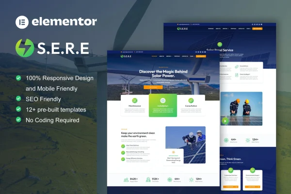Sere solar and renewable energy Elementor template kit preview