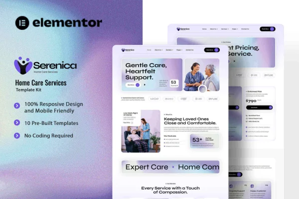 Serenica home care service Elementor template kit preview