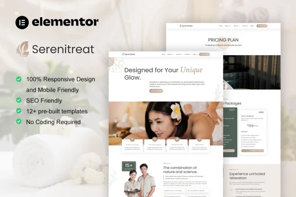 SereniTreat spa and beauty care Elementor template kit preview
