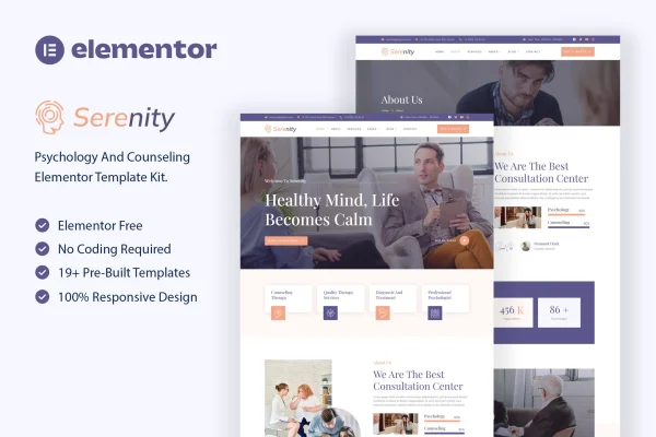 Serenity psychology and counseling Elementor template kit cover image