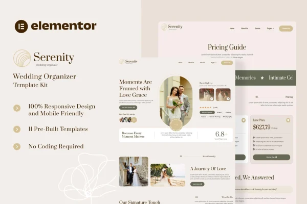 Serenity wedding organizer Elementor template kit preview with elegant romantic page layouts