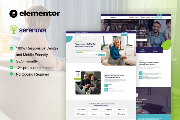 Serenova psychology and mental health Elementor template kit preview
