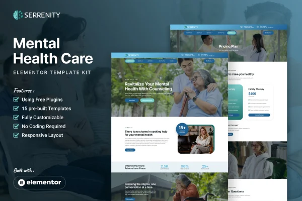 Serrenity mental health care Elementor template kit preview