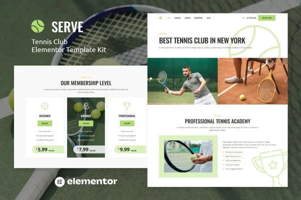 Serve tennis school and sport club Elementor template kit preview