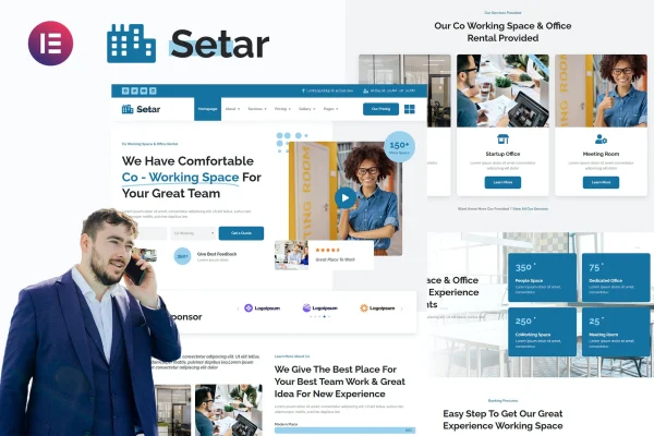 Setar coworking space and startup office Elementor template kit preview