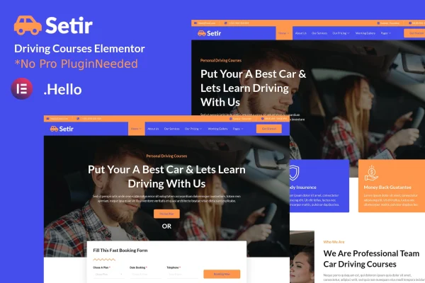 Setir driving courses Elementor template kit cover showing driving school page layouts