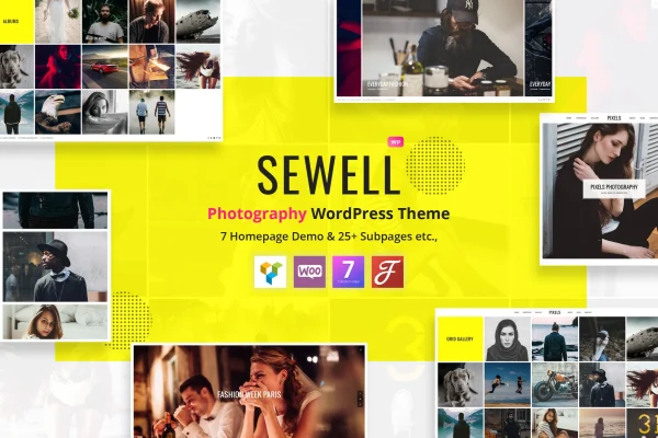 Sewell photography WordPress theme preview with a full-width image gallery layout