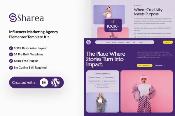 Sharea influencer marketing agency Elementor template kit preview