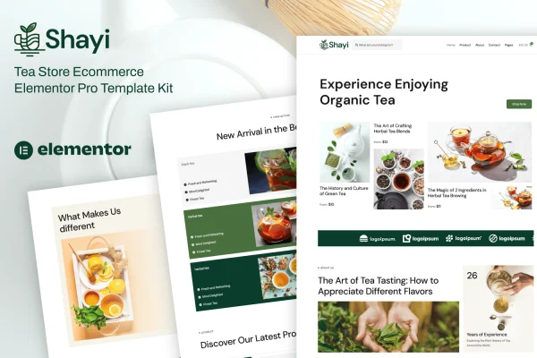 Shayi tea store Elementor template kit preview with product pages