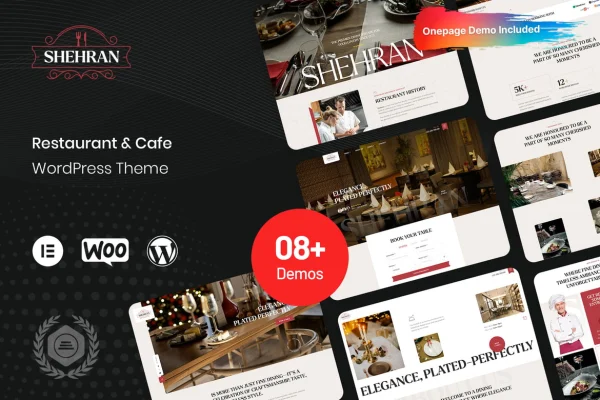 Shehran restaurant WordPress theme preview with menu and dining photos