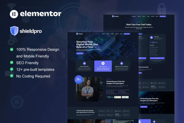 Shieldpro cyber security Elementor Pro template kit preview