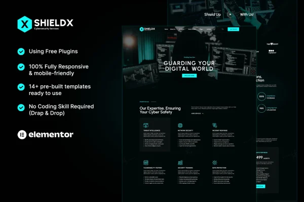 ShieldX cybersecurity services Elementor template kit preview