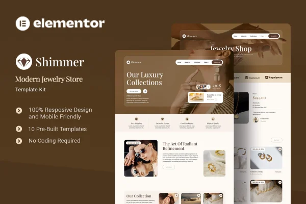 Shimmer jewelry store Elementor template kit preview with elegant page layouts