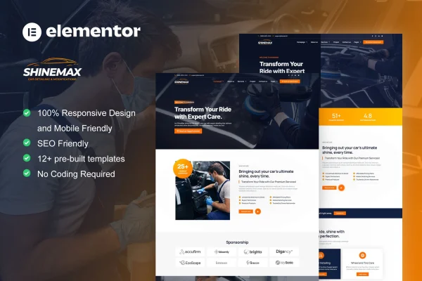 ShineMax car detailing and repair Elementor Pro template kit preview
