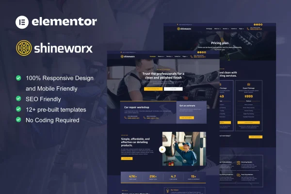ShineWorx car detailing and repair Elementor Pro template kit preview