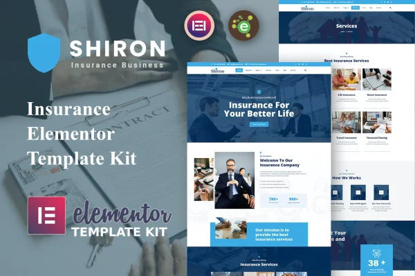 Shiron insurance Elementor template kit cover showing website page designs