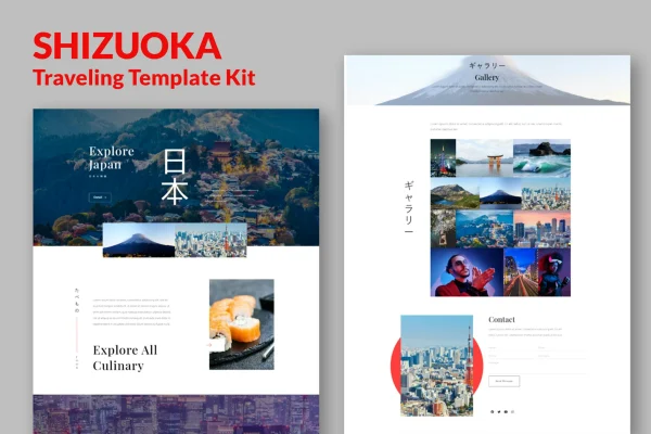 Shizuoka travel Elementor template kit preview with Asian-inspired page layouts