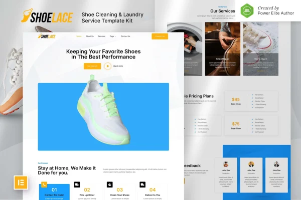 Shoelace shoe cleaning and laundry service Elementor template kit preview